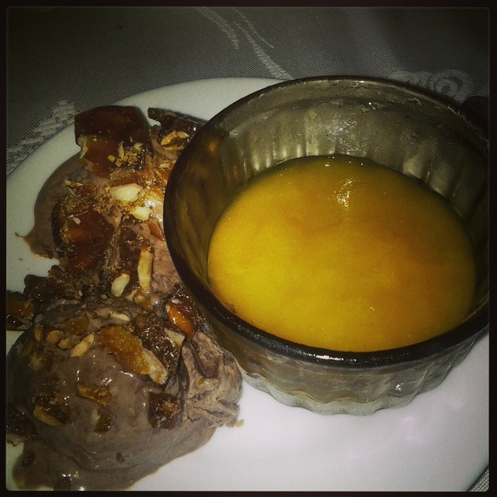 Barbara made a delicious dessert, all made from scratch - chocolate ice cream with candied nuts and mango sorbet!